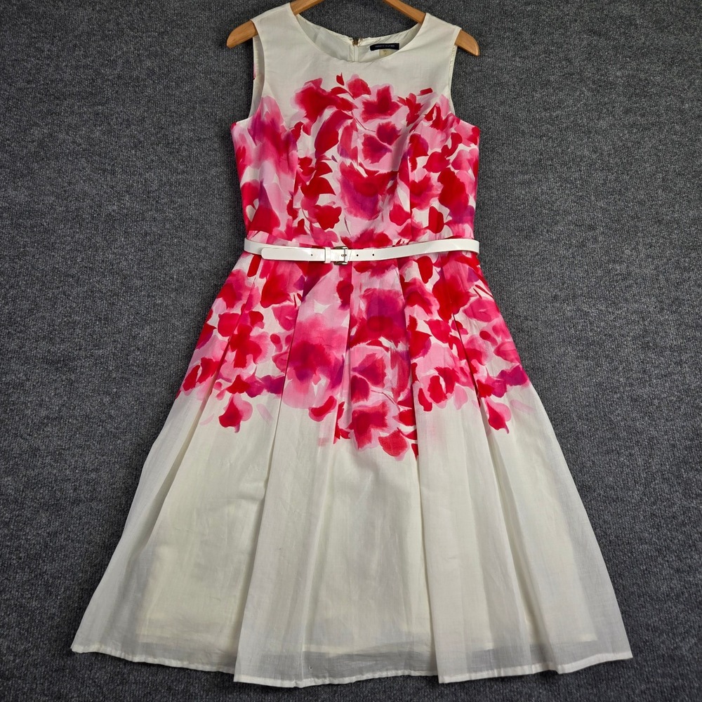 Tommy Hilfiger Dress Womens 10 Pink Floral White Fit Belted Cotton Preppy Midi
